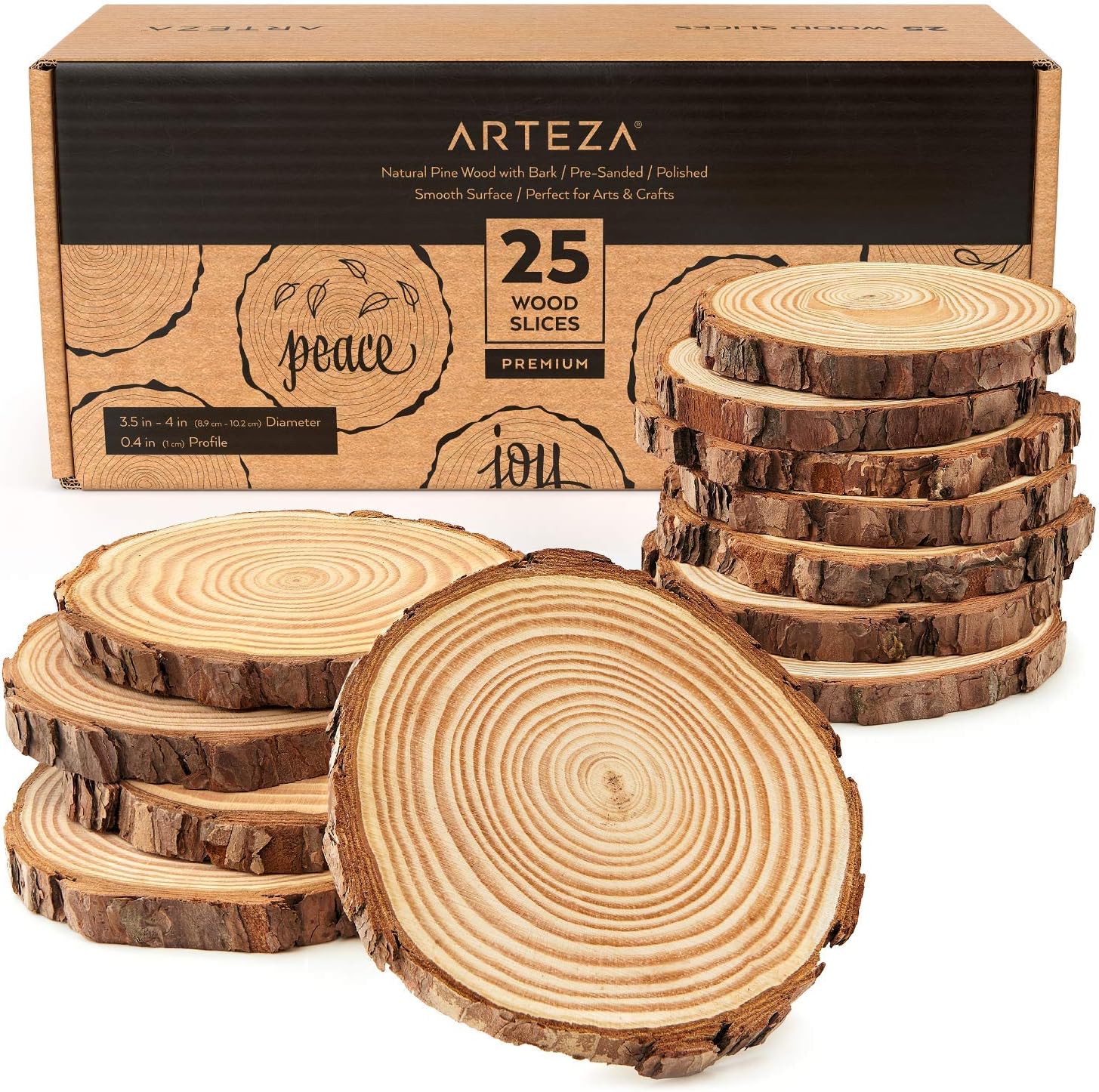 Arteza Natural Wood Slices, 25 Pieces, 3.54 Inch Diameter, 0.4 Inch