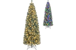 HAPPYGRILL 7.5 FT Pre-lit Pencil Christmas Tree, Hinged Artificial Xmas Tree w/ 724 Blue Branch Tips, 250 Warm White & Multi-Color LED Lights, 9 Lighting Modes