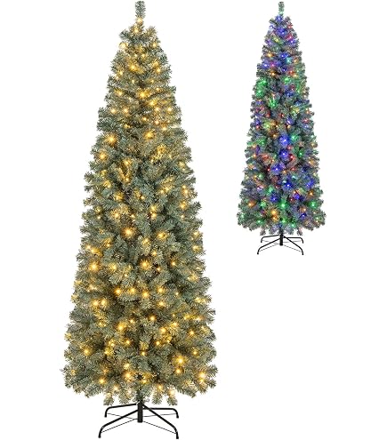 GOFLAME 7.5FT Pre-Lit Slim Pencil Christmas Tree - Artificial Spruce With 350 Warm White LED Lights & Metal Stand