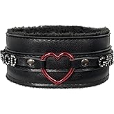 paloli Furry Heart O-Ring Choker for Women, Adjustable Gothic Punk Plush Leather Necklace