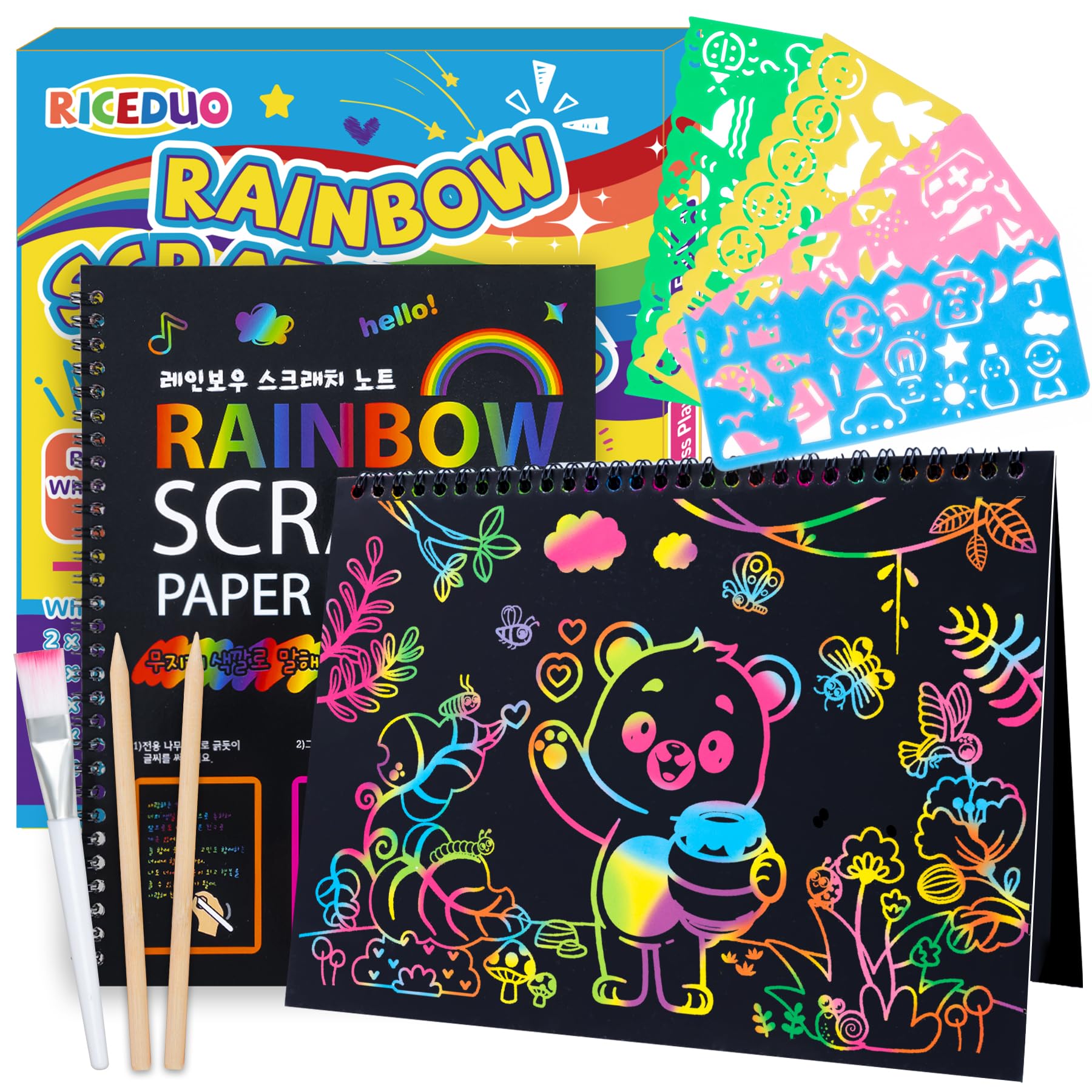 RICEDUO Scratch Art Paper Kit 2 Pack Magic Rainbow Scratch Off Art Notebook DIY Crafts for Kids Ages 3-12 Girls Boys Birthday Christmas Party Favor Games Easter Basket Stuffers DIY Activity Supplies