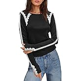 Yanekop Womens Ribbed Long Sleeve Tops Knit Slim Fit Shirts Casual Crewneck Basic Tees Striped Lace Shirt Fall Outfits