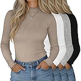 Neer 4 Pack Women's Mock Turtleneck Tops Cotton Long Sleeve Ribbed Lettuce Trim Shirts Slim Fit Casual Fall Basic Tees