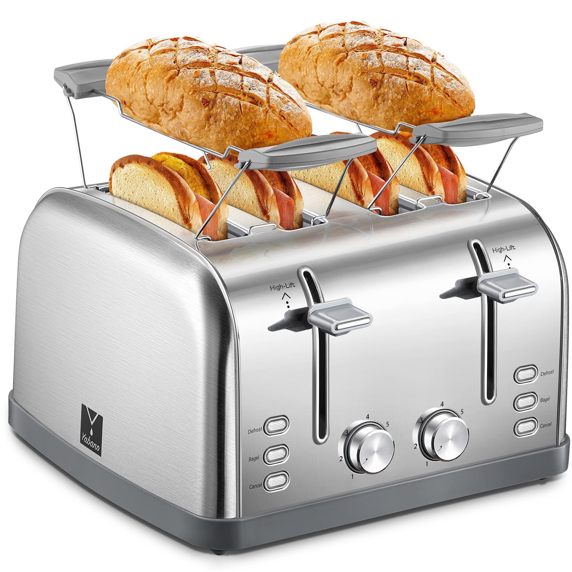 Toaster 4 Slice, Extra Wide Slots, Stainless Steel with High Lift Lever, Bagel and Muffin Function, Removal Crumb Tray, 7-Shade Settings with Warming Rack, Silver, Yabano