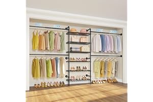 Timate S3X Expandable Wall Mounted Clothes Rack with 6 Adjustable Shelves & 4 Expandable Hanger Rods, Heavy Duty Industrial P