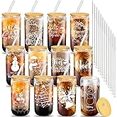 meekoo 12 Pcs Christmas Glass Cups with Lids and Straws, 16 oz Christmas Glasses Drinkware Reusable Xmas Coffee Tumblers Mugs for Holiday Party Favor(Classic)
