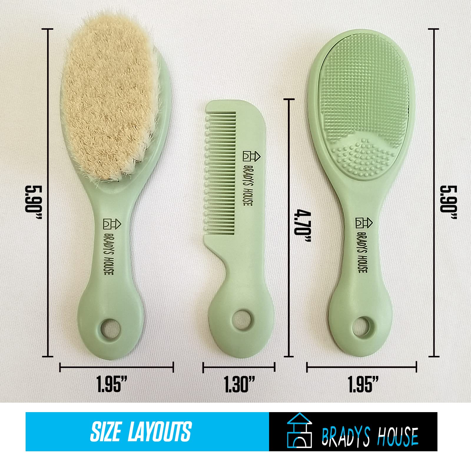 3 Piece Baby Hair Brush & Comb Set for Newborns- Soft Goat Bristle Hair-Brush, Silicone Bath Brush and Plastic Comb for Infant, Toddler, Kids - Baby