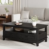IDEALHOUSE Black Coffee Table with Drawers, 47.2&rdquo; Rustic Center Table with Open Shelf and 6 Support Legs, Wood Grain Living Room Table with Storage