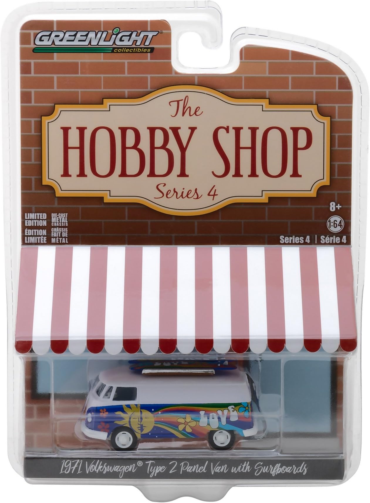 1971 Volkswagen Type 2 Panel Van with Surfboards"The Hobby Shop" Series 4 1/64 Diecast Model Car by Greenlight 97040 C