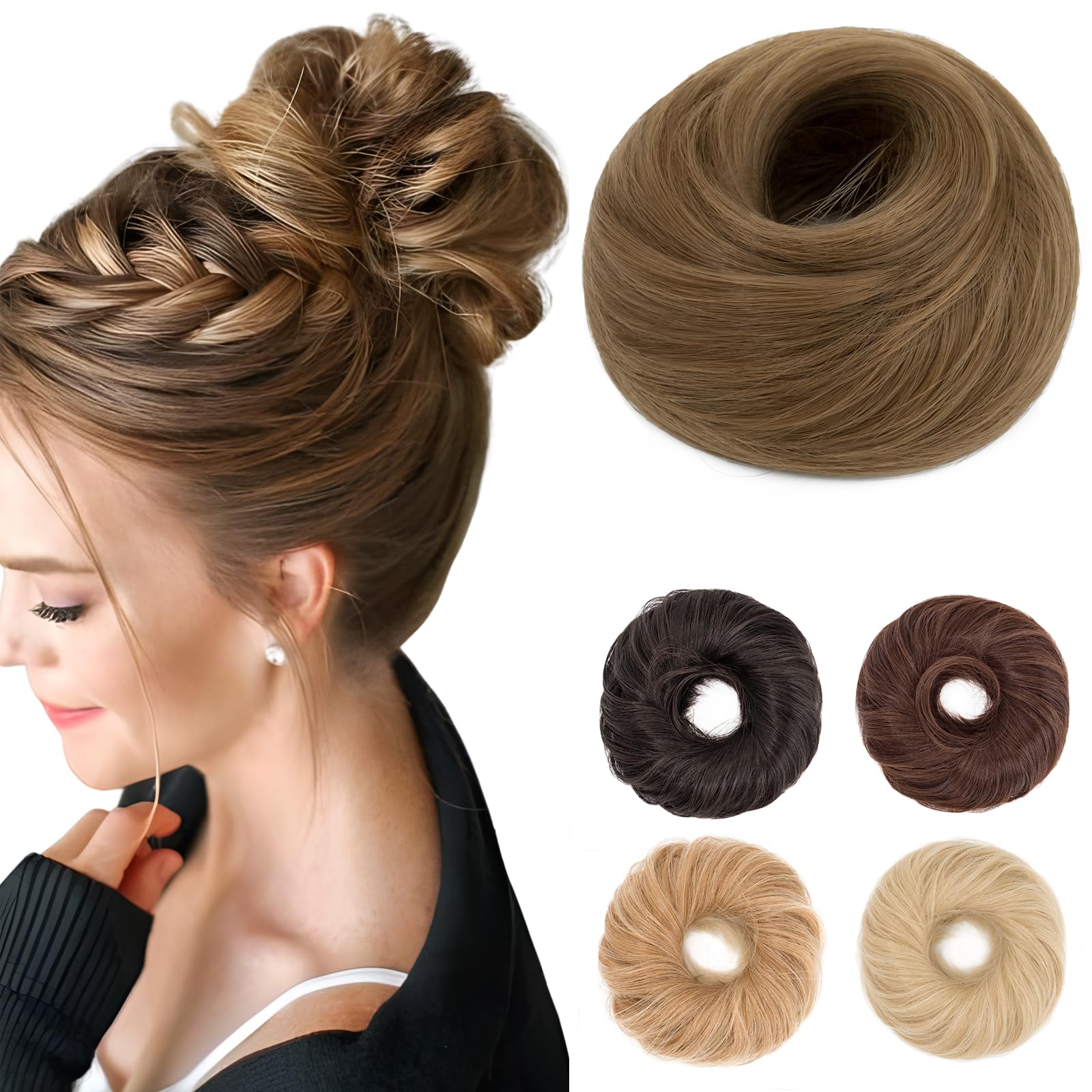 Benehair Messy Bun Scrunchies Curly Hair Buns Hairpiece Synthetic Ponytail Extensions - Light Brown Mix Natural Blonde Hair Pieces for Women (55g)