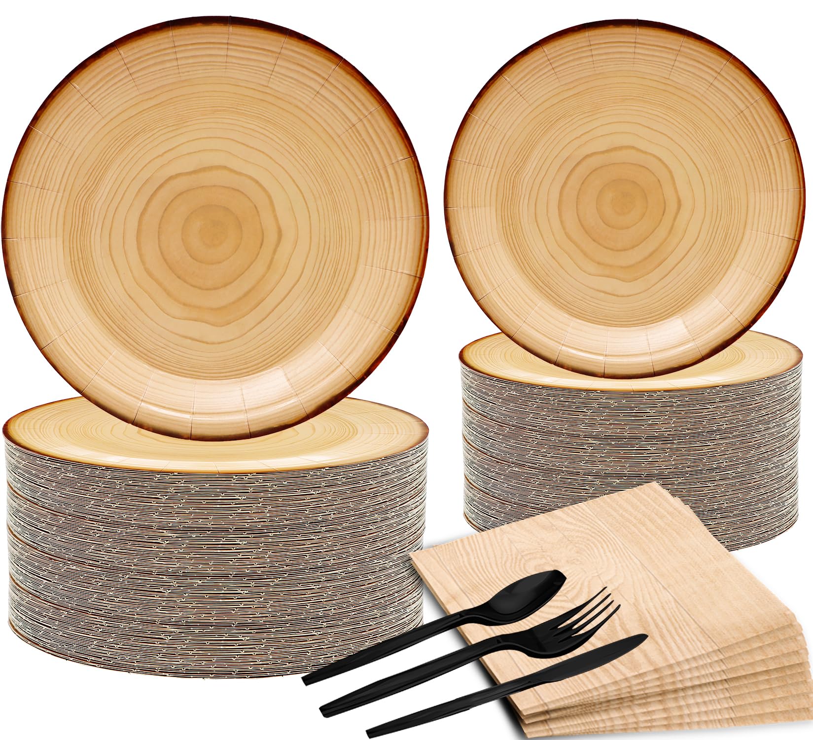 Photo 1 of 150Pcs Rustic Wood Slice Party Tableware Set - 9" & 7" Wood Grain Paper Plates, Napkins, Knives, Forks, Spoons for Camp Fire, Camping, Woodland Animal, Lumberjack Birthday Party Decor