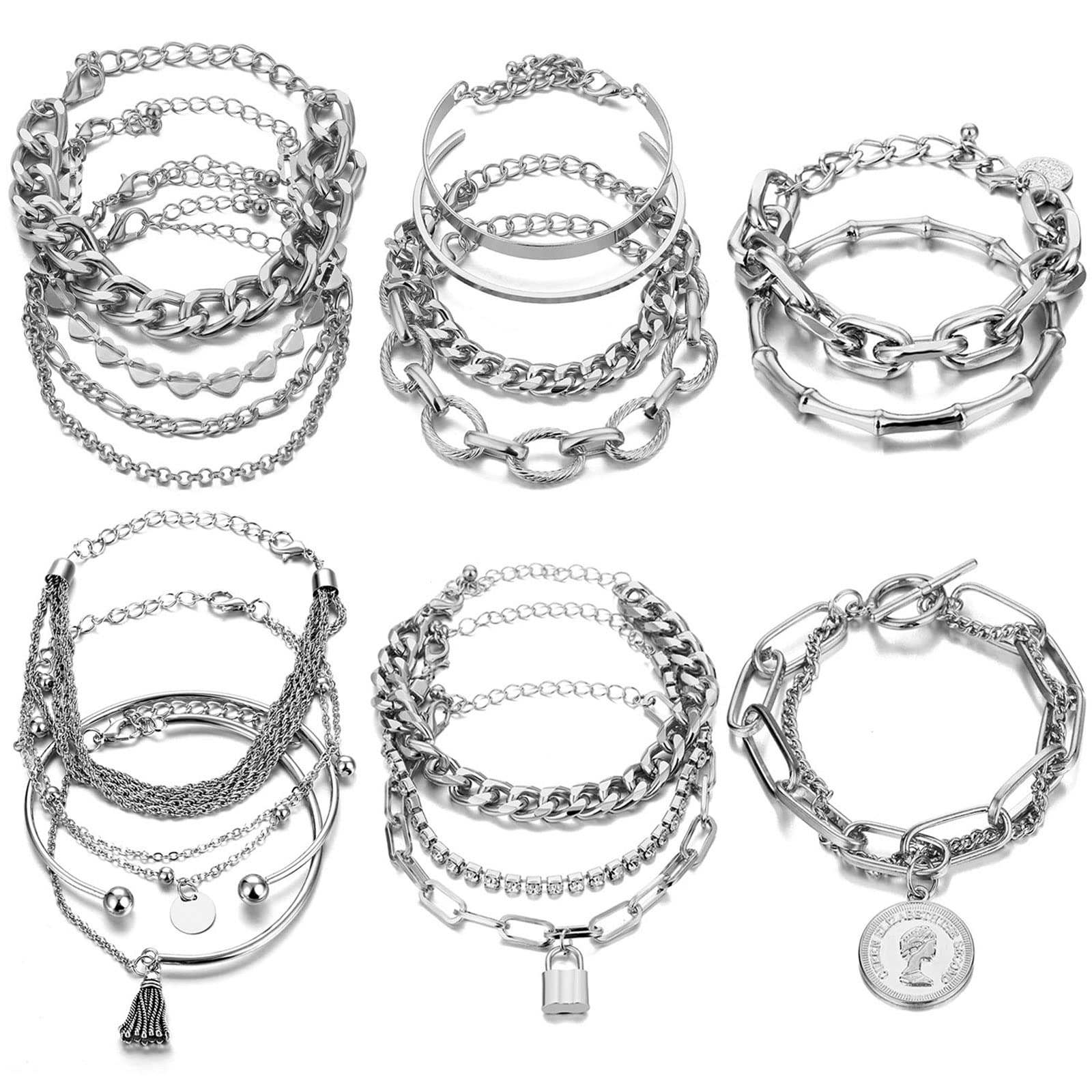 Photo 1 of 17IF 18 Pcs (6 Pack) Silver Bracelets Set for Women Boho Aesthetic Layered Stackable 14K Bangle Adjustable Cuff Grunge Italian Cuban Charm Chunky Simple Layering Bracelet Jewelry