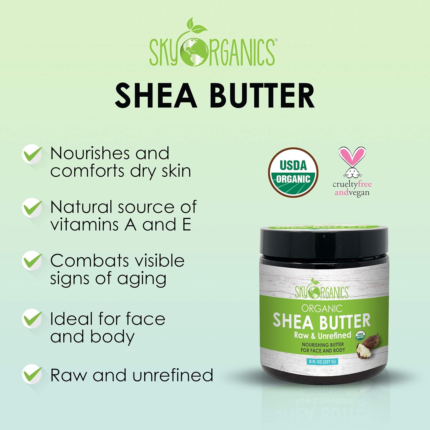 Organic Shea Butter by Sky Organics (8 oz) 100% Pure Unrefined Raw African Shea Butter for Face and Body Moisturizing Natural Body Butter for Dry Skin : Beauty