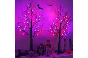 NAWITDA Halloween Indoor Decorations 2 Pack 24 Inch Black Halloween Tree with 24 Orange Purple Led Lights, Timer/USB/Battery Operated Lighted Spooky Tabletop Tree for Halloween Decor Home Table Holiday Party