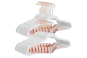 SONGMICS 24-Pack Velvet Pants Hangers, 16.7-Inch Long Coat Hangers with Rose Gold Colored Movable Clips, Heavy-Duty, Non-Slip, Space-Saving, for Pants, Skirts, Dresses, White UCRF014W01