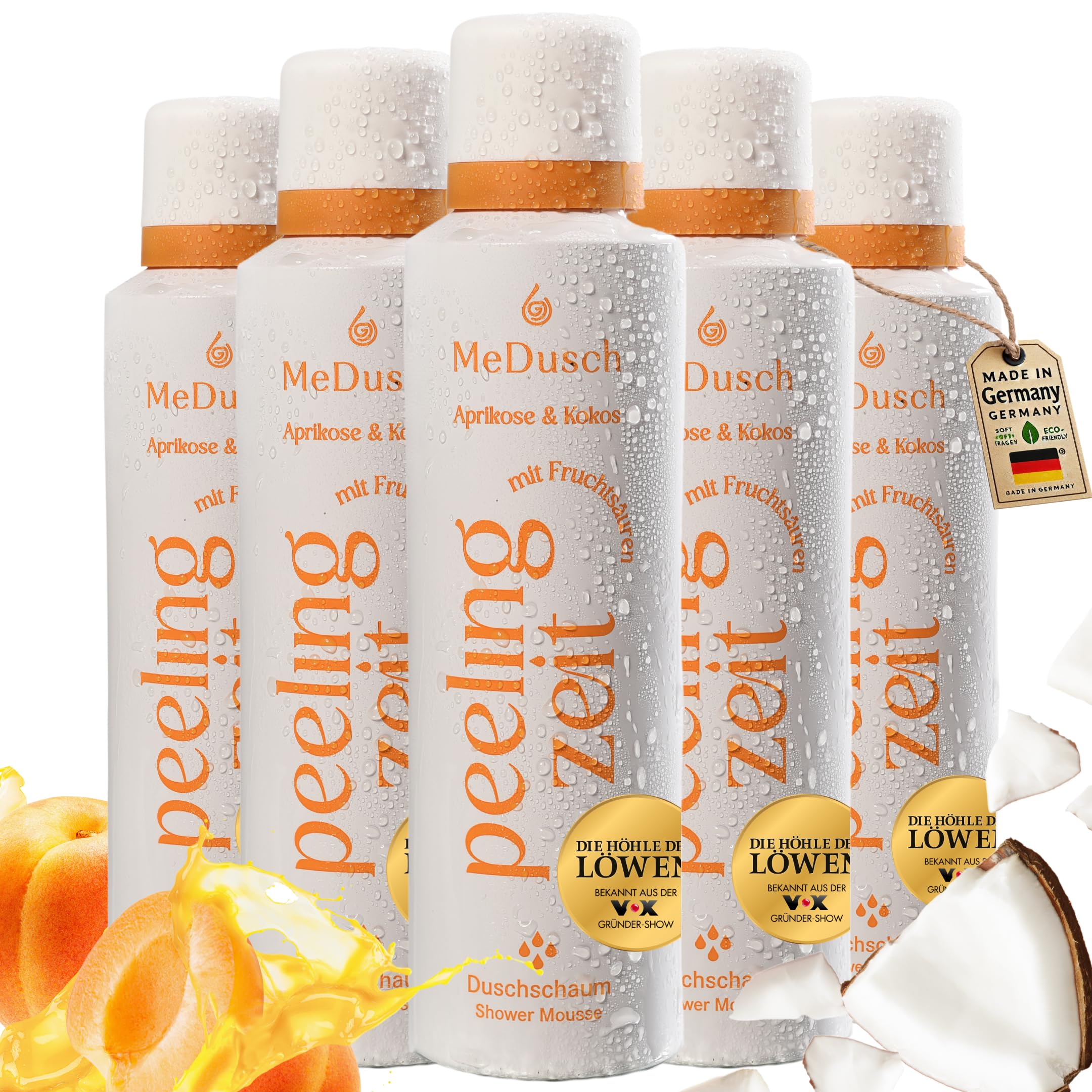 MeDusch Shower Scrub Shower Foam Exfoliating Time (200 ml) Apricot and Coconut with Mild Fruit and Lactic Acid (AHA, BHA) in Practical Set of 4 (Unisex) Body Scrub, AHA BHA Peeling