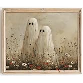 Kizbok Cute Ghost Decor, Vintage Halloween Ghost Wall Art Prints, Spooky ghosts in in Wildflower Meadow Autumn Landscape Canvas Painting, Moody halloween Pictures Wall Decor, Dark Academia H alloween Fall Poster for Bedroom Gallery Bathroom - UNFRAMED