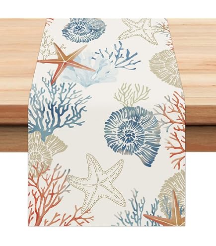 Guozhida Nautical Coastal Table Runner - 13x108 Inch, Ocean Starfish Coral Print, Cotton Linen Blend - View #2