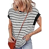 EVALESS Womens Short Sleeve Tops Casual Crewneck Oversized T Shirts Summer Trendy Striped Knit Tee Blouses