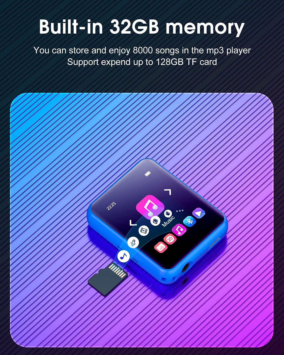 MP3 Player with Bluetooth 5.0 Portable HiFi Lossless Sound MP3 Music Player and FM Radio Recorder E-Book 2.4 inch Screen Maximum Support 128GB（Blue）