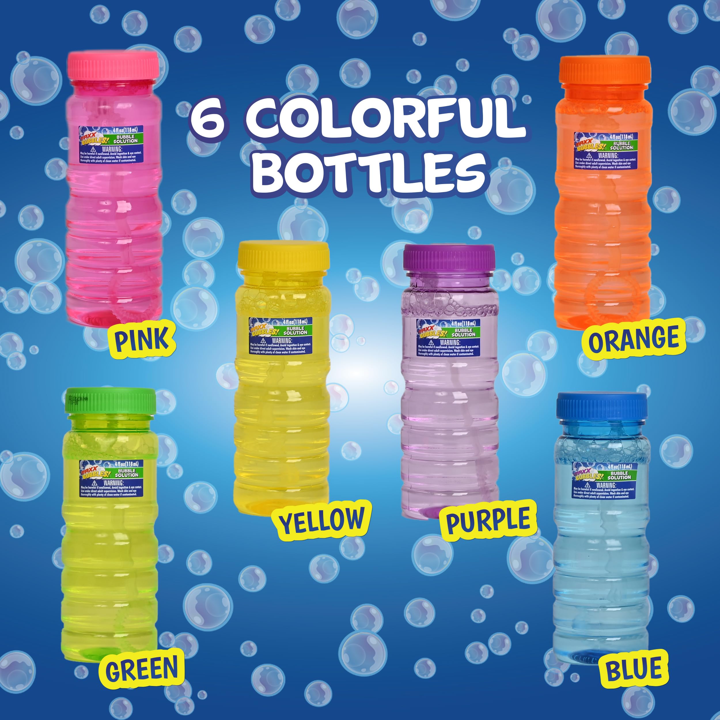 Sunny Days Entertainment 6 Pack Bubble Solution – 4oz Bubble Blower Bottles with 6-Hole Wand | Bottle of Bubble Solution for Kids | Birthday Party Favor Toy - Maxx Bubbles