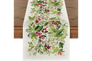 Artoid Mode Watercolor Holly Christmas Table Runner, Seasonal Winter Xmas Holiday Kitchen Dining Table Decoration for Indoor Outdoor Home Party Decor 13 x 72 Inch