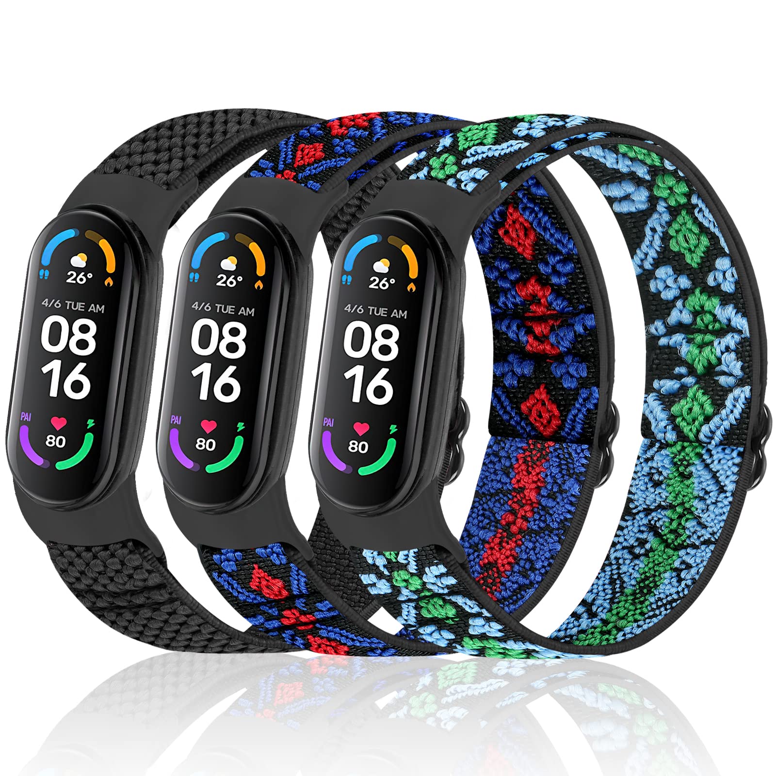 Enkic Elastic Adjustable Watch Straps - Compatible with Xiaomi Mi Band 7/6/5 - Stretchy Nylon Loop Replacement Sport Wristband for Women & Men