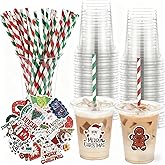 Sieral 36 Pcs 12 oz Christmas Disposable Plastic Cups with Lids Straws and Stickers DIY Holiday Clear Cups Party Supplies for Beer Snacks Coffee Xmas Celebrations