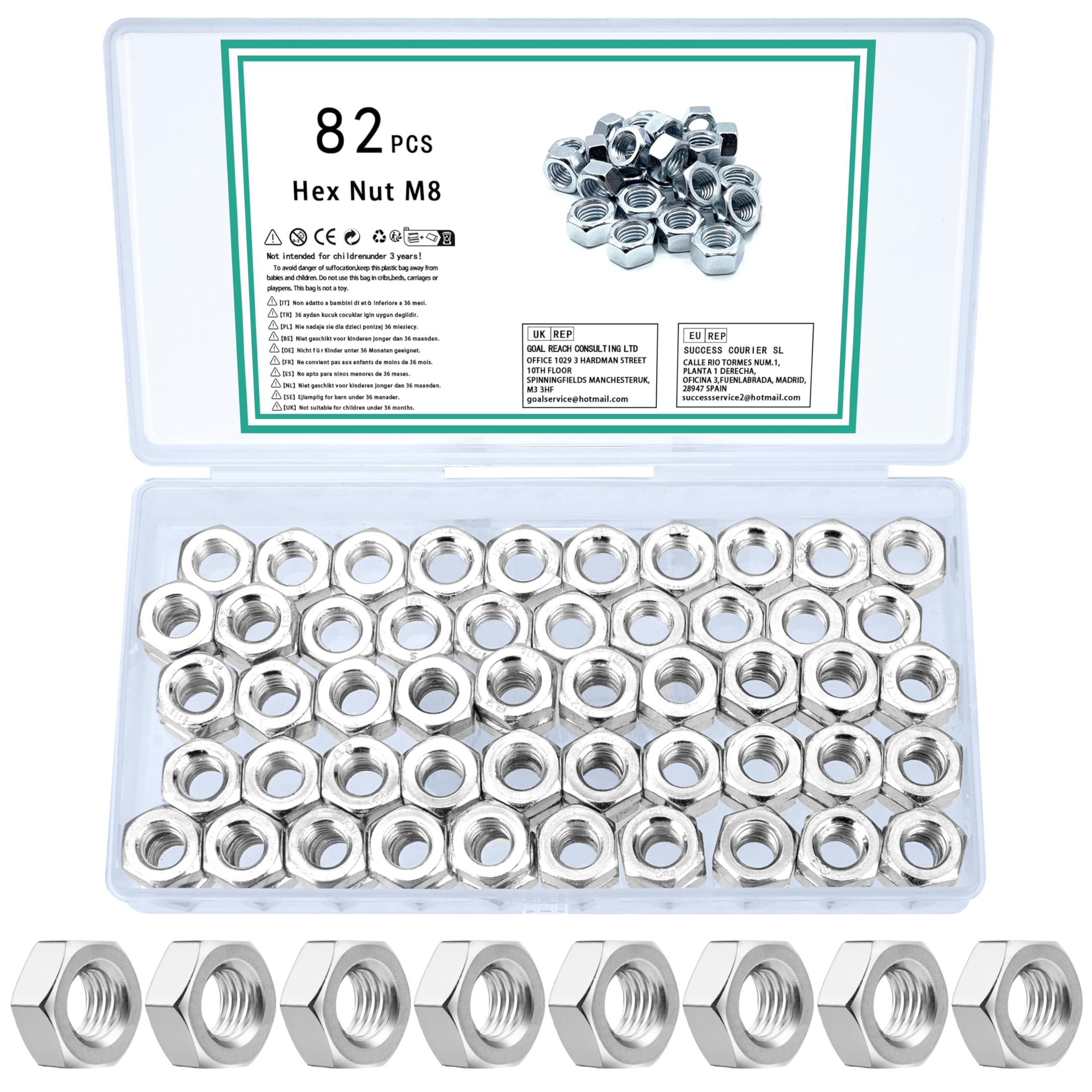TOOINKCV 82 Pcs M8 Hex Nuts Set, Lock Nuts, Assorted Self Locking Nut Assortment, Locknuts, Metric Hex Full Standard Thread Carbon Steel Hexagon Nut