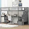SOFTSEA Twin Size Loft Bed with Desk and Storage Stairs, Wood Loft Bed with Desk & 4 Storage Drawers, High Loft Bed Frame with Storage Staircase for Kids Teens Adults, Gray