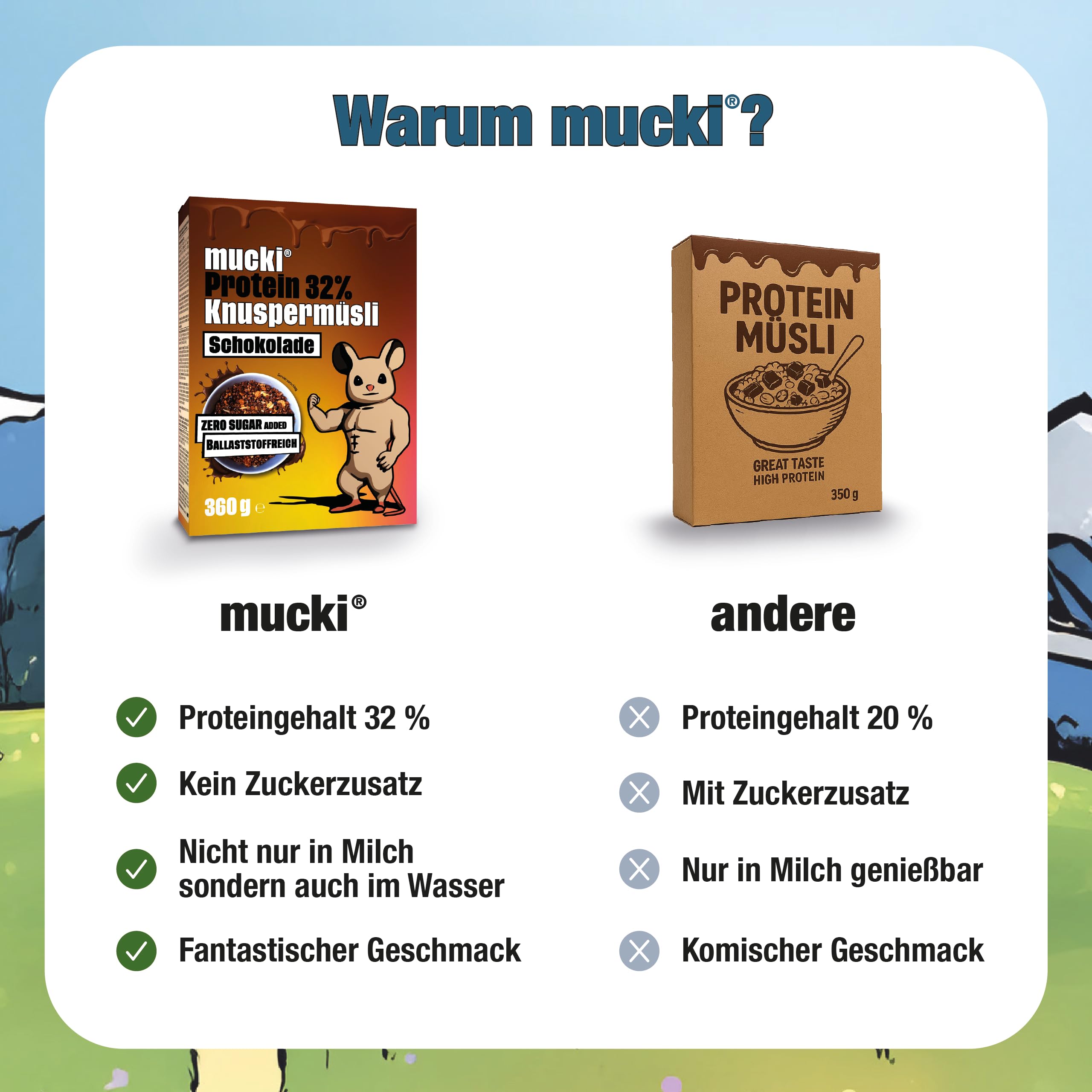 mucki Protein Knuspermüsli mit Schokolade 360g x 7-7er Pack – Hochwertiges Protein Müsli ohne Zucker – Proteinreiches Schokomüsli mit 32% Proteingehalt, Haferflocken, Sojacrispies und Ballaststoffen 4