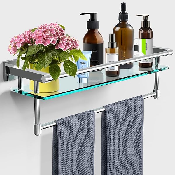 SFGSOWOR BATHROOM GLASS SHELF WITH TOWEL RACK ORGANIZER...