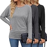 Velvelhall 3 Pack Women's Dolman Sleeve Tops Casual Long Sleeve Flowy Side Ruched Shirts Round Neck Bat Wing Draped Basic Tee