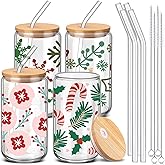 SiliFine 4 Pcs Christmas Pink Green Glass Cups with Lid and Straw 16 oz Drinking Glasses Iced Coffee Cups Can Shape Mug Tumbler for Women Men Birthday Party Favor Gift