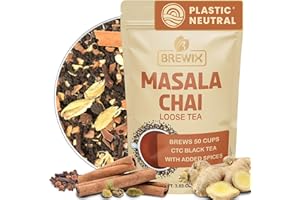 BREWIX, Masala Chai Tea Loose Leaf CTC TEA (50+ Cups, 3.53oz/100g) Strong Robust & Aromatic, All Natural | Blended with Exotic Spices | Ginger, Cinnamon, Cardamom, Clove & Black Pepper