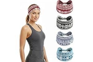 4 Pcs Wide Boho Headbands for Women-Boho Floral Printed Headbands,Knotted Elastic Hair Bands for Yoga Running(9.5''x5.5'')