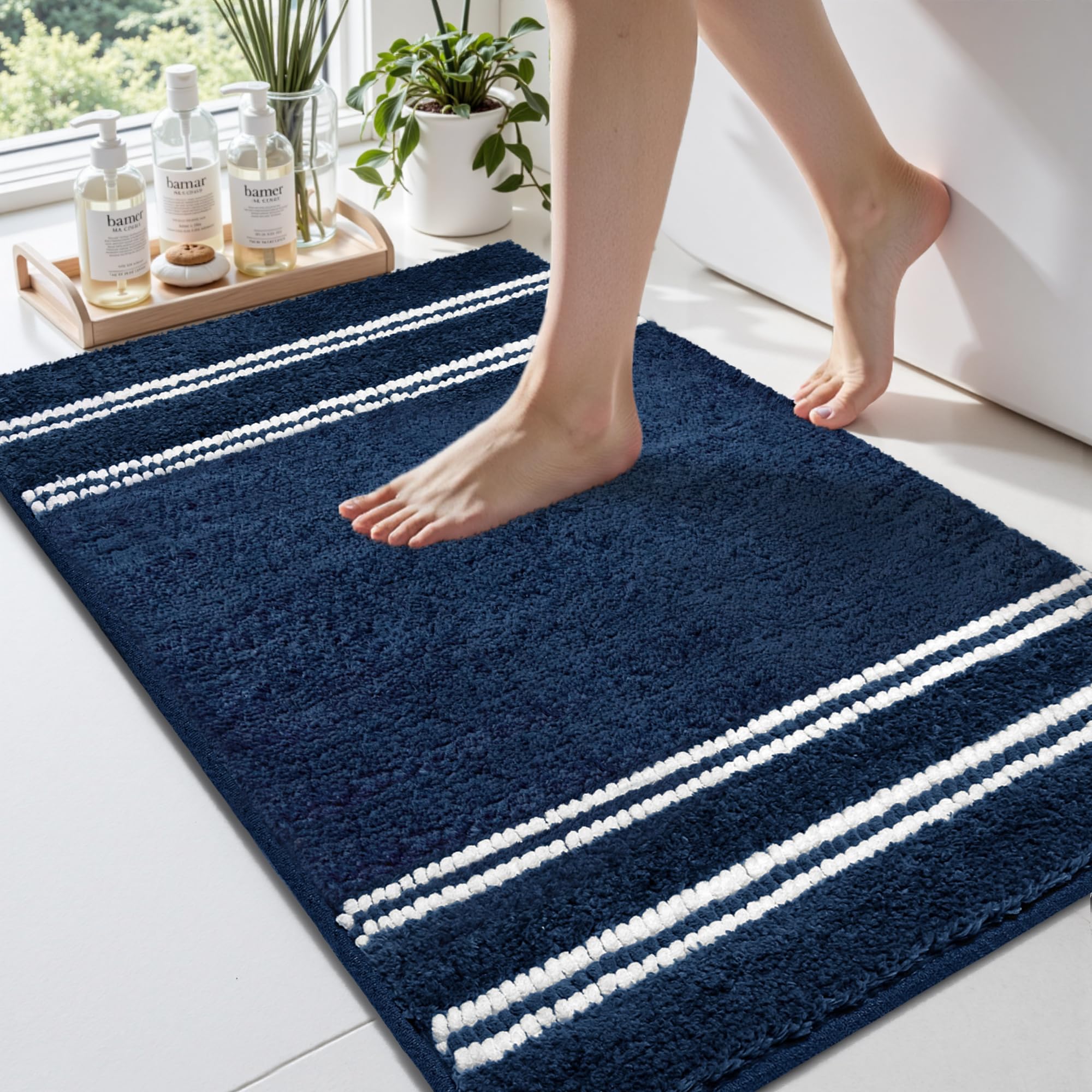 Photo 1 of Arenarug Bathroom Rugs 17x24 Extra Soft Absorbent Bath Mat Chenille Non Slip Shower Mat Rubber Backing Machine Washable Bath Mats for Bathroom Shaggy Blue Bath Rugs for Tub, Hallway