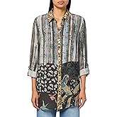 john mark womens Mix Print Patched Button Front Tunic With Roll Tab Sleeves