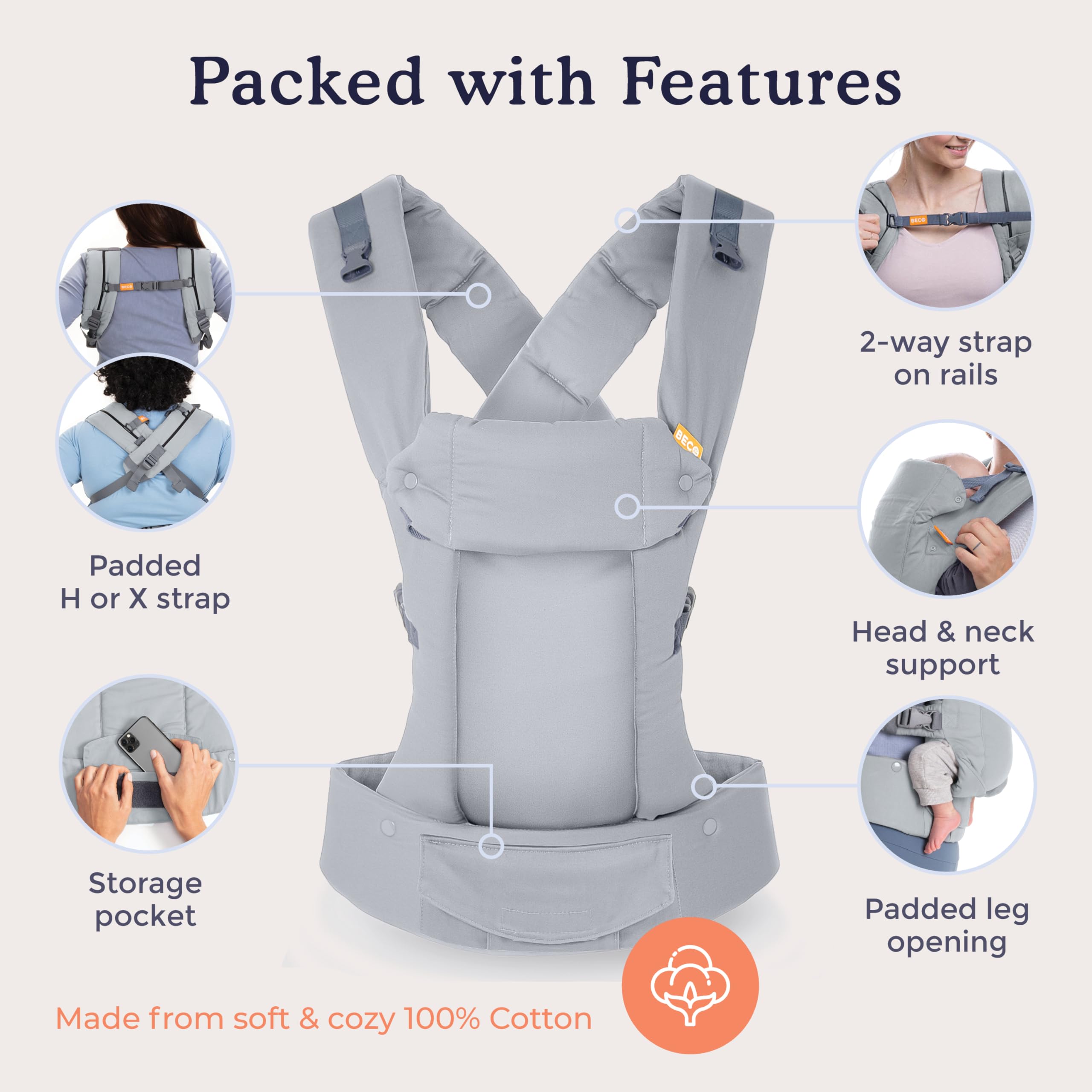 Beco Gemini Baby Carriers from Newborn to Toddler - Certified Ergonomic Newborn Baby Carrier for Infants and Children of 7-35 lbs - M Shape, Adjustable Seat, 100% Cotton (Grey)