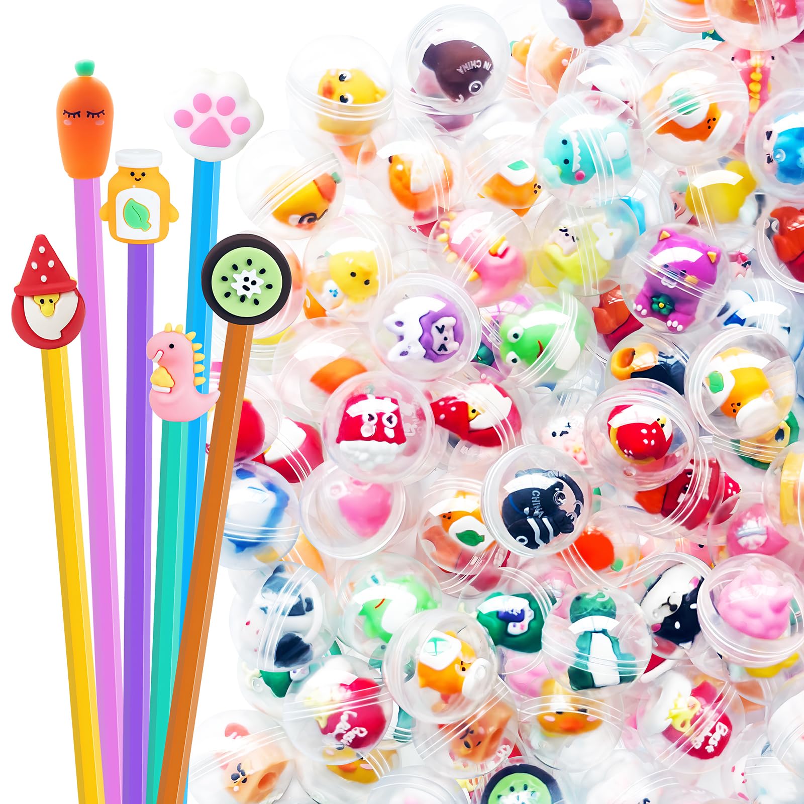 Photo 1 of 100 Pcs Mini Pencil Toppers with Capsule Toys,Cute Cartoon Pen Toppers,Filled Pencil Charms for Kids,Back to School,Student Rewards,Classroom Prizes,Gift,Vending Machine,Gumball Machine Capsules