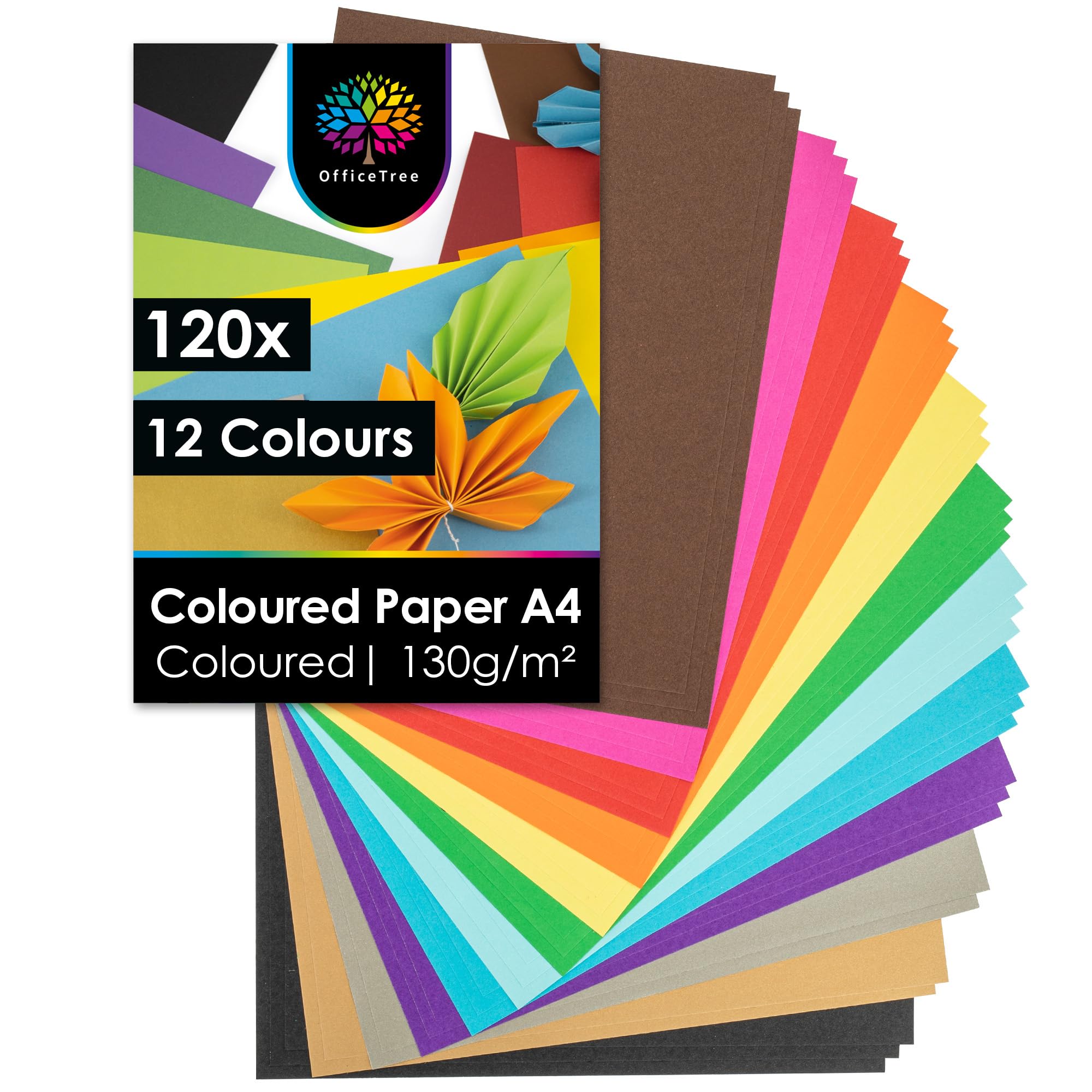 OfficeTree 120x Coloured Paper A4-12 Colours - 130 g/m² - Color Paper with Gold and Silver - A4 Coloured Paper - A4 Coloured Card - Craft Paper for Kids - Craft Card — image 1