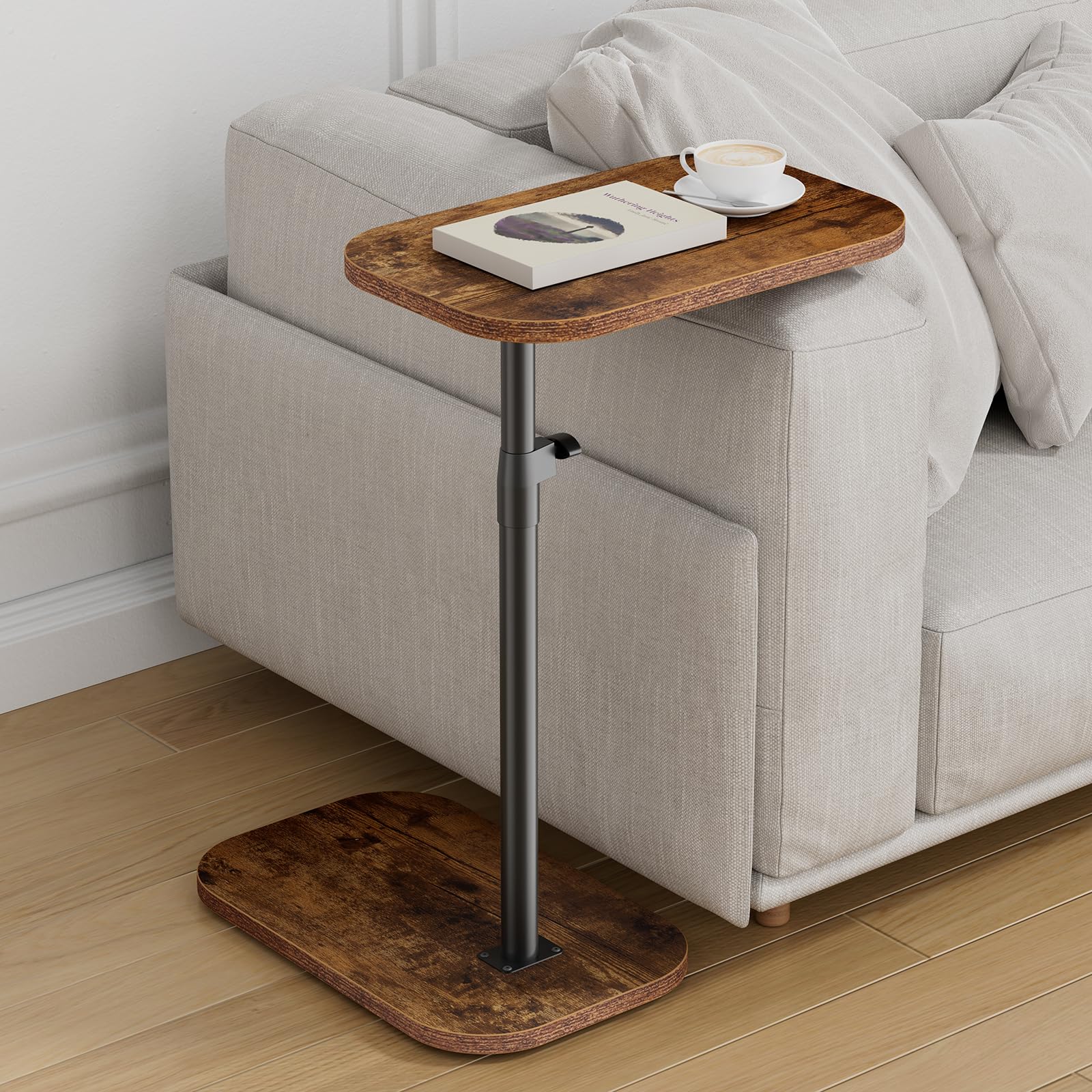 Photo 1 of ZUJJAFY Tv Tray Table Adjustable Height C Shaped End Table for Couch, Swivel Side Table for Drinks, Snacks and Small Space, Rustic Brown Wood Couch Arm Table Tray for Sofa, Bed or Chair