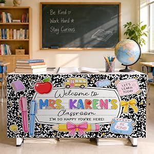Personalized Composition Notebook Teacher Desk Skirt, Rectangle Speckled Classroom Desk Curtain Table Cover Decor for School