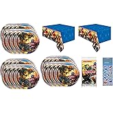 Transformers Party Supplies Bundle Pack includes 24 Dessert Paper Plates, 2 Plastic Table Covers, 1 Dinosaur Sticker Sheet