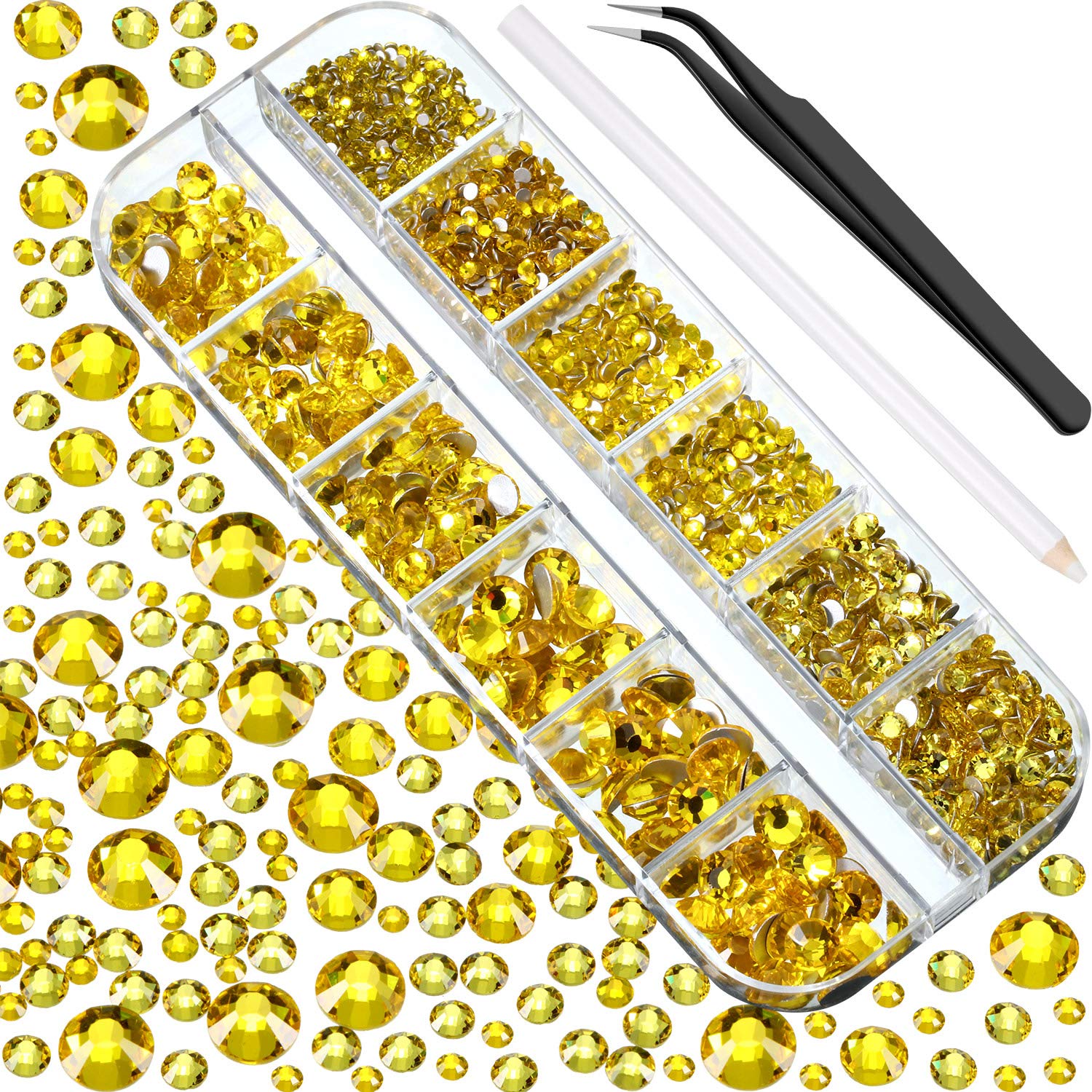 Photo 1 of 2000 Pcs Lemon Yellow Crystal Rhinestones Bulk for Crafting 6 Sizes Flatback Round Bedazzling Nail Gems with Tweezer Picking Pen for Art Makeup Clothes Shoes DIY