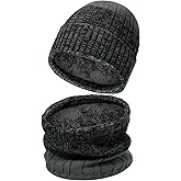 Jelbolin Winter Hat and Scarf Set: Windproof Fleece Lined Neck Warmer Warm Knit Beanie for Men Women Skiing Hiking Cycling