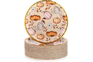 Uiifan 100 Pcs Thanksgiving Paper Plates 7 Inch Pumpkin Dessert Dinnerware Gold Foil Edge Round Disposable Serving Plate for Thanksgiving Dinner Dessert Birthday Anniversary Autumn Fall Party
