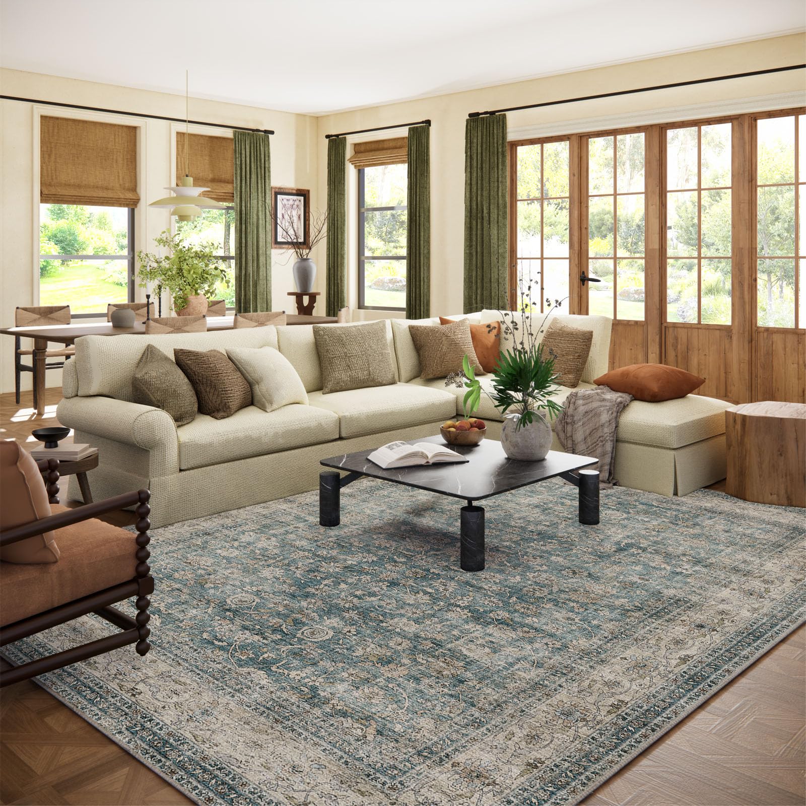 Photo 1 of 10x12 Large Rugs for Living Room: Washable Living Room Rug Stain Resistant Non Slip Distressed Vintage Carpet Low Pile Faux Wool Soft Rugs for Bedroom Farmhouse Dining Room Kids Playroom Nursery