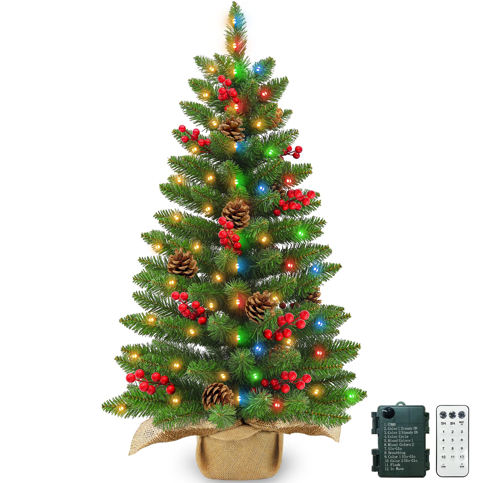Photo 1 of 3 ft Artificial Mini Christmas Tree, Remote Control and Timer, Tabletop Small Christmas Trees 50 Warm White&Colorful Dual Color Lights 110 Tips 12 Pinecones 12 Red Berries Burlap Base Home Xmas Decor