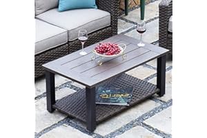Grand patio Outdoor Coffee Table with Wicker Shelf Storage, 40-inch Rectangle Modern Patio Coffee Table with Faux Wood Tabletop, Fits with Outdoor Conversation Set
